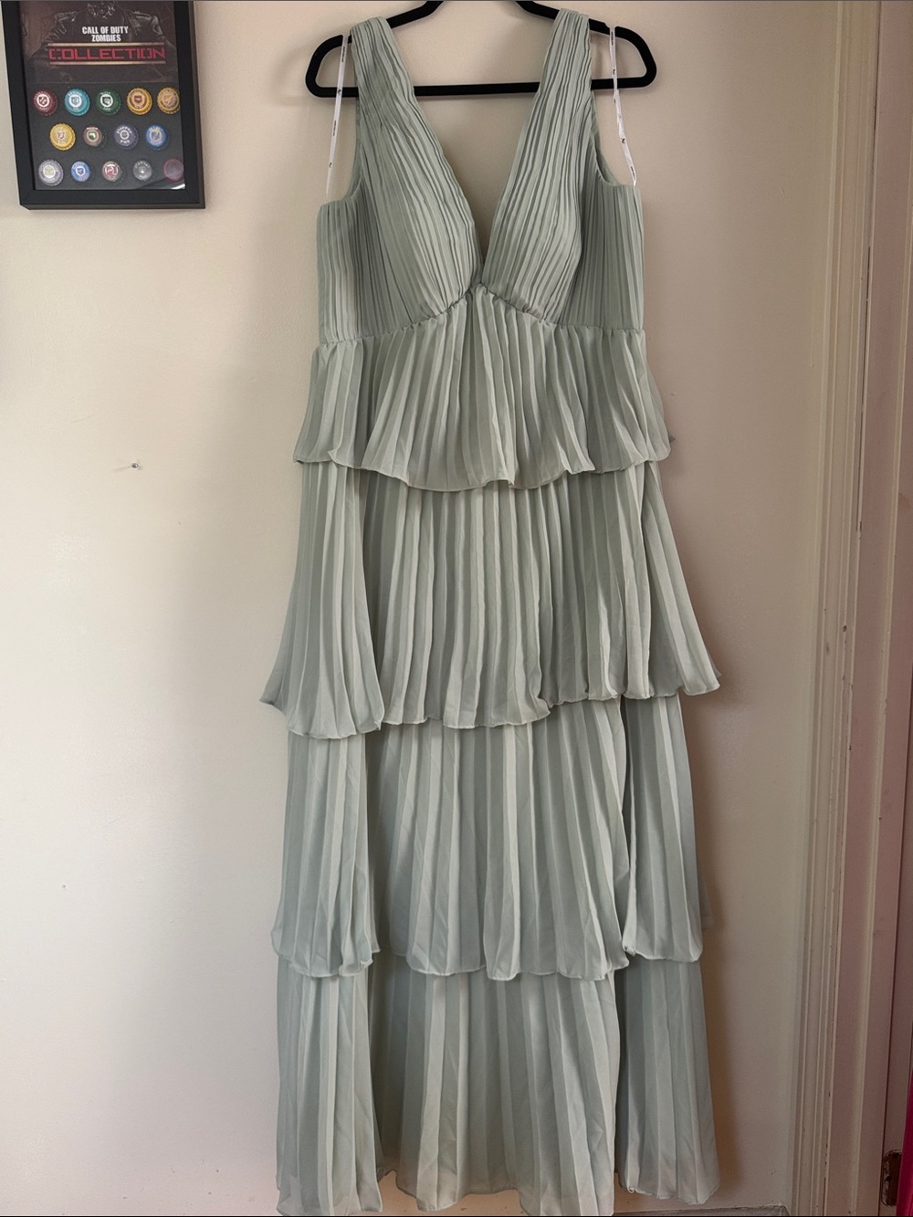 Tiered Pleated Maxi Dress — Soft Sage Green
